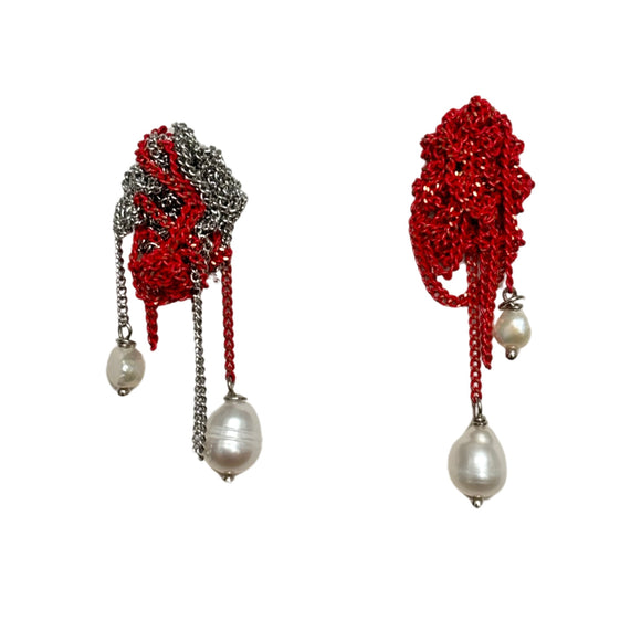 Mona Silver & Red Pearl Drop Mesh Earrings