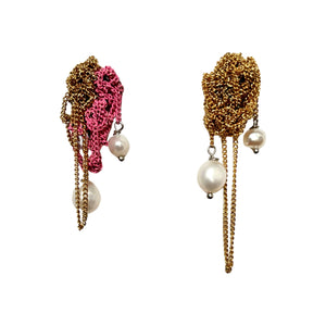 Lia Gold & Pink Pearl Drop Mesh Earrings