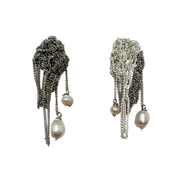 Jill Silver & White Pearl Drop Mesh Earrings
