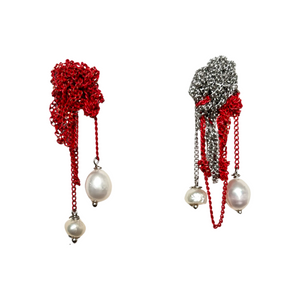 Niana Silver & Red Pearl Drop Mesh Earrings