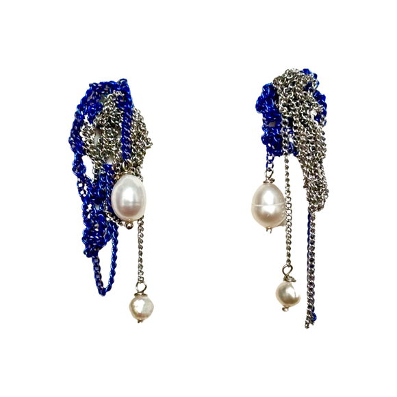 Bonnie Silver & Ultra Marine Blue Pearl Drop Mesh Earrings